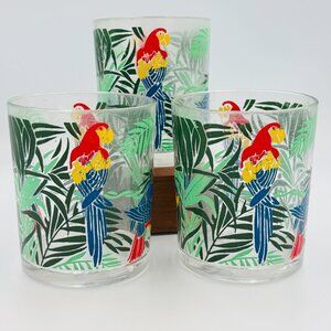 3 VTG CERA  MCM PLASTIC double lowball rocks glasses PARROTS  in Trees barware